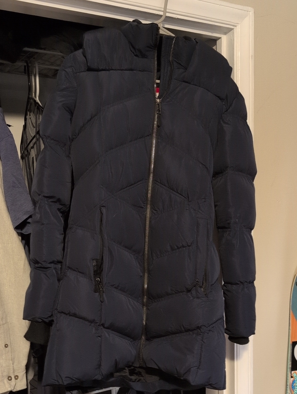 Women's Long Navy Puffer Coat - Insulated Winter Jacket